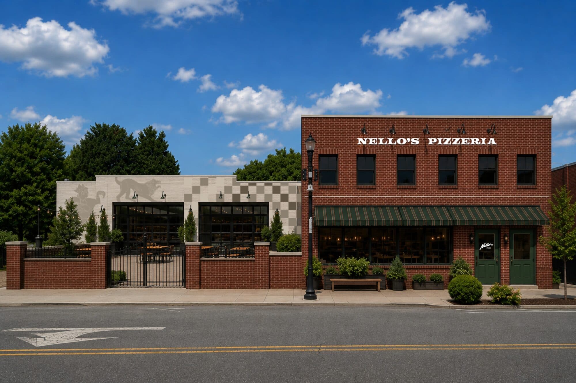 Nello's Pizzeria building rendering: red-brick storefront with green awnings beside the white mural building and courtyard